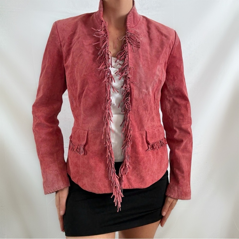Vintage raspberry pink genuine leather fringe jacket boho Pamela McCoy small